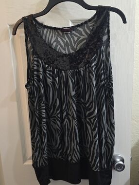 Candy Rain Black Zebra Print Sequin-Trim Tank Top Size 1X